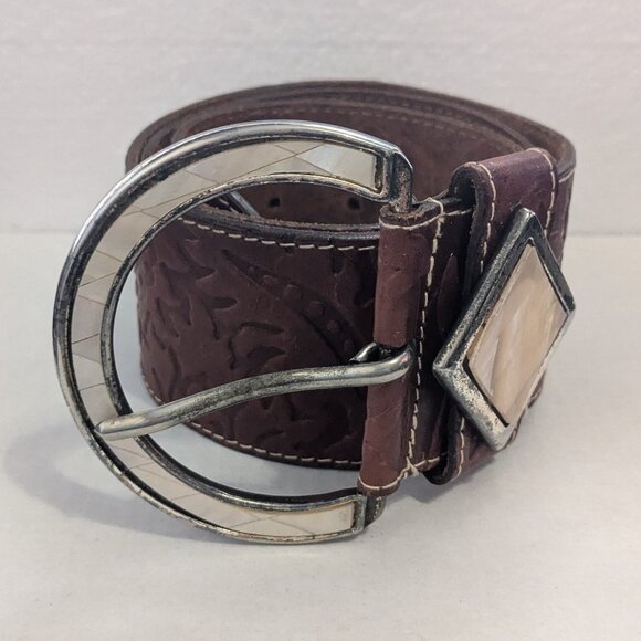 LOCOMOTIVE DOPPIA VITA Made in Italy MOP Inlay Tooled Brown Leather Belt Sz. 100 main image 7